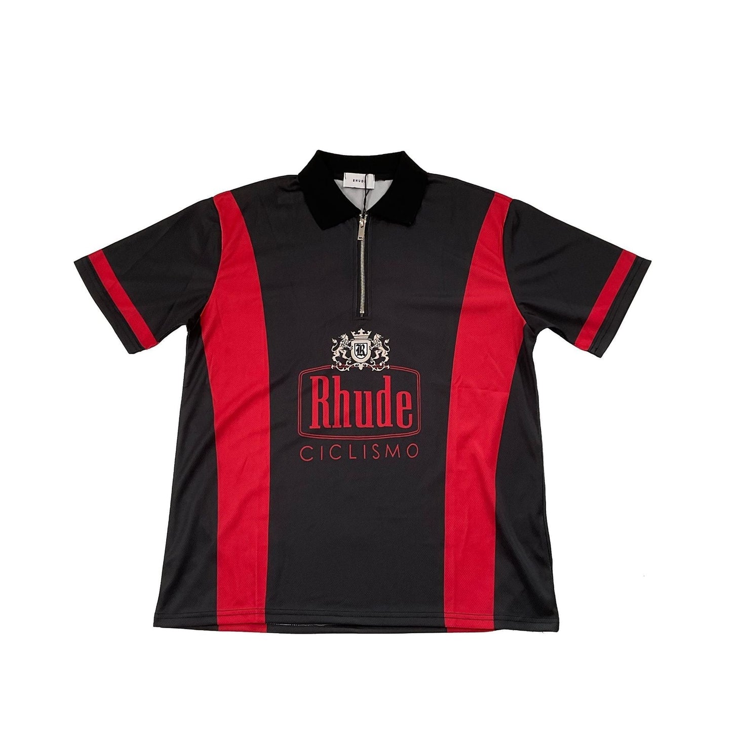 Rhude T-shirt Cross-border European and American trendy brand RHUDE badge letter half zipper mesh lapel short-sleeved T-shirt men's and women's high street polo shirt