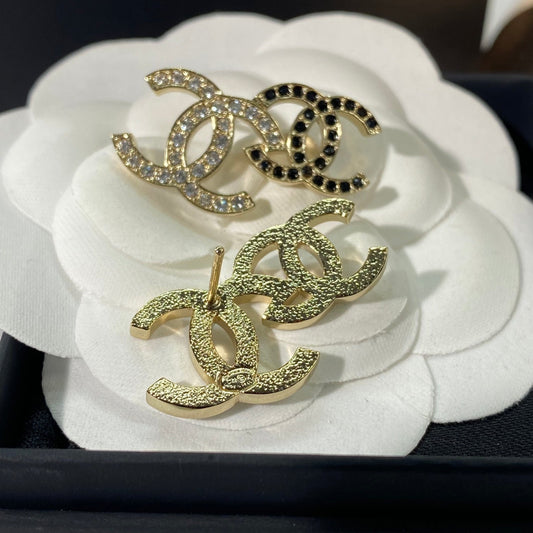 Chanel Double Stud Double C Cubic Zirconia Gold Earrings