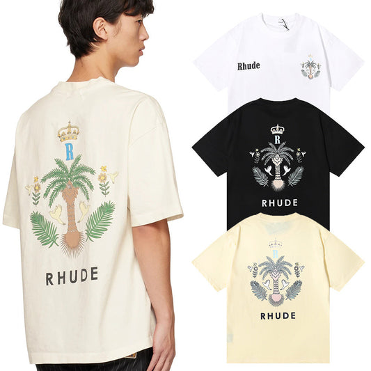Rhude T-shirts Coconut Crown Printing Cotton Casual Short Sleeve Men and Women