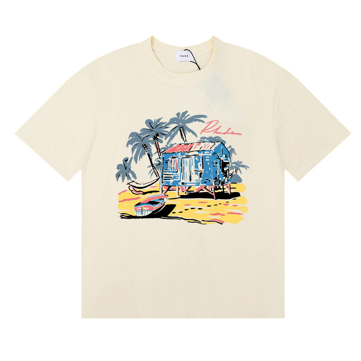 Rhude T-shirts Beach Coconut House Printed Cotton Casual Crew Neck Short Sleeve Men and Women
