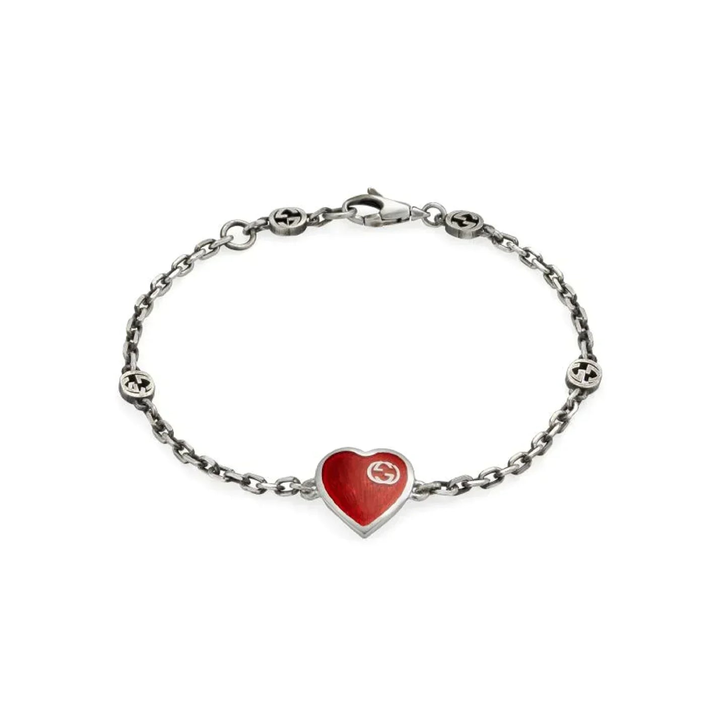 Gucci GG Heart Aged Finish Sterling Silver Red Enamel Bracelet