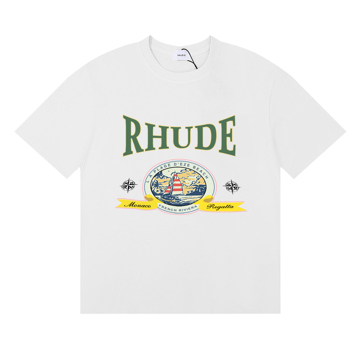 Rhude T-shirts Morocco Seaview Sailing Print Cotton Casual Short Sleeves Men and Women