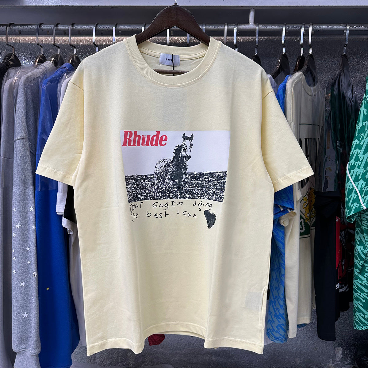 Rhude T-shirts Pentium Horse Printing Cotton Casual Short Sleeve Men and Women