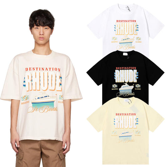 Rhude T-shirts Yacht Printing Cotton Loose Short Sleeves Men and Women