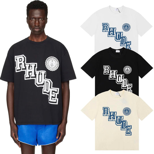 Rhude T-shirts College Badge Printed Cotton Casual Short Sleeve Men and Women