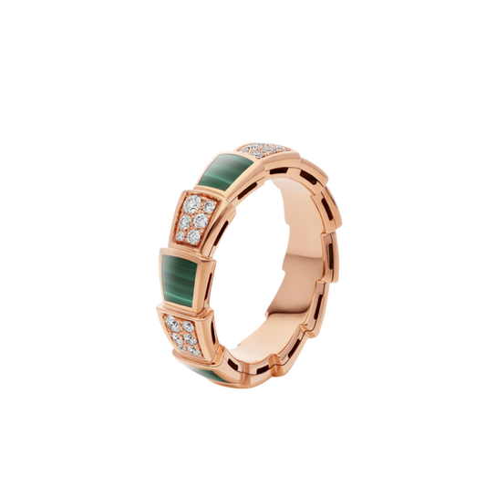 Bvlgari Serpenti Ring Pink Gold Malachite Cubic Zirconia Paved 4MM