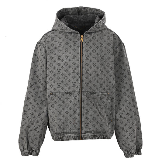 Louis Vuitton All-Over Monogram Jacquard Zip-Up Hooded Denim Jacket
