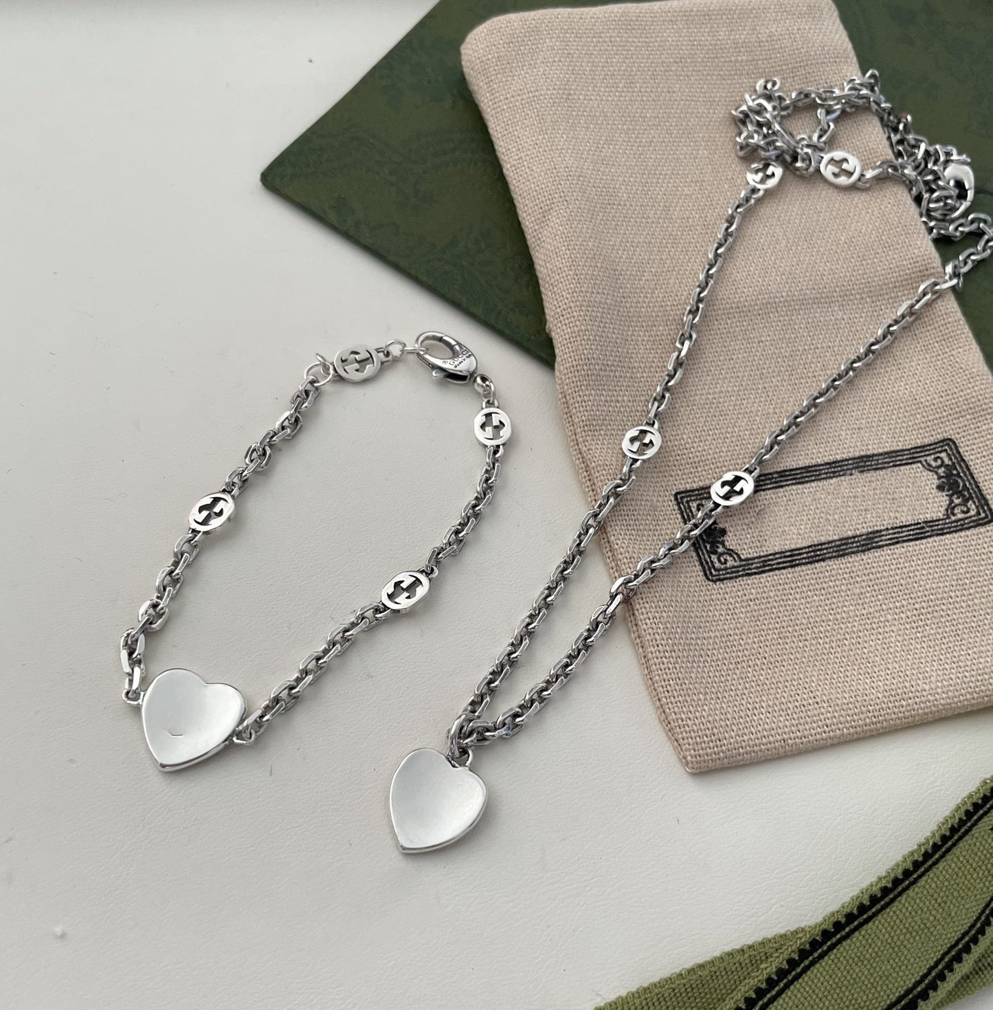 Gucci GG Hearts Sterling Silver Blue Enamel Pendant Necklace