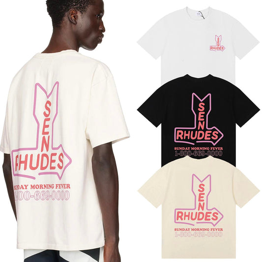 Rhude T-shirts Sunday Morning Fever Pink Arrow Print Men's and Women's Crew Neck Short Sleeves