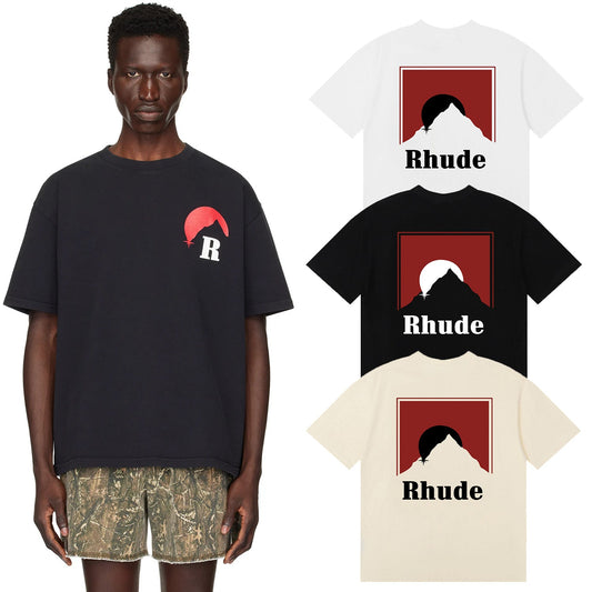 Rhude T-shirts Red Sunset Print Cotton Casual Short Sleeve Men and Women