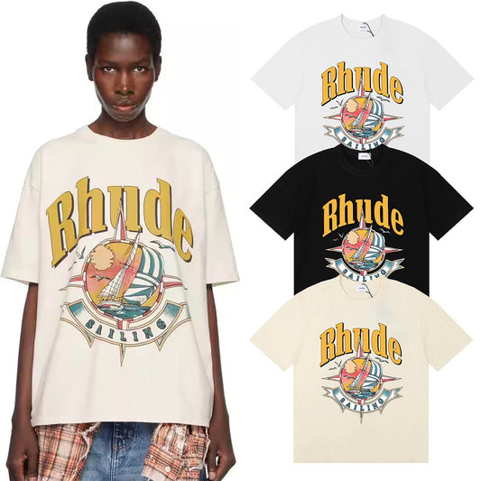 Rhude T-shirts Sailing Nautical Printing Cotton Casual Short Sleeves Men and Women