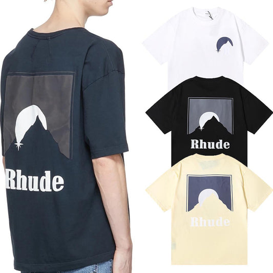 Rhude T-shirts Black Moon Print Loose Casual Short Sleeve Men and Women