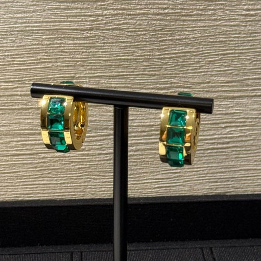 Chanel 2026 Emerald Square Diamond Gold Double C Hoop Stud Earrings