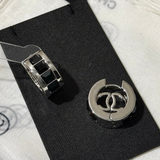 Chanel 2026 Black Square Diamond Silver Double C Hoop Stud Earrings