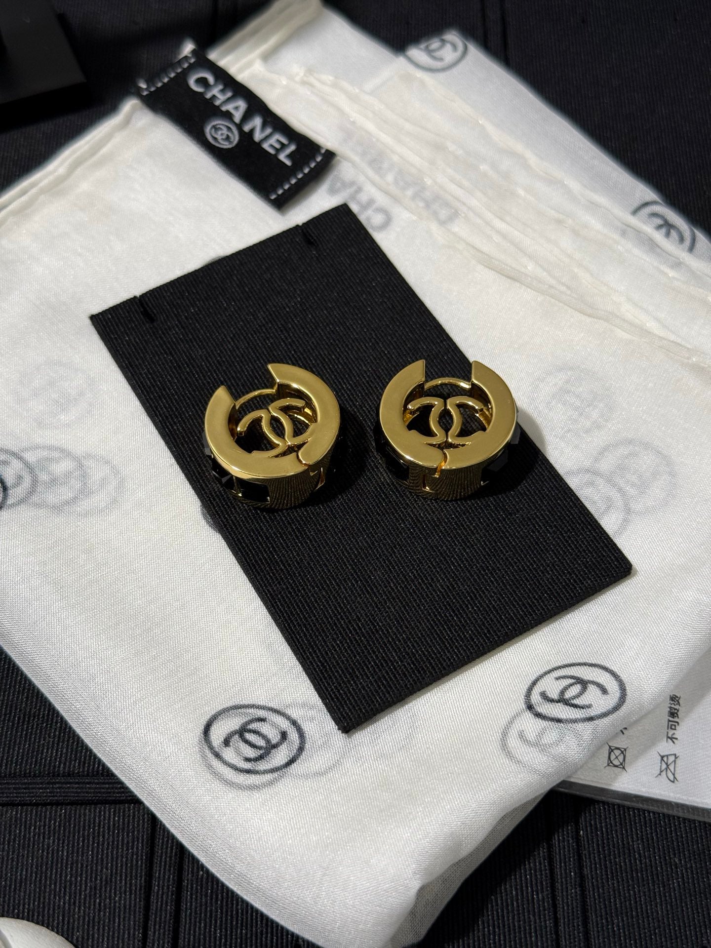 Chanel 2026 Black Square Diamond Gold Double C Hoop Stud Earrings