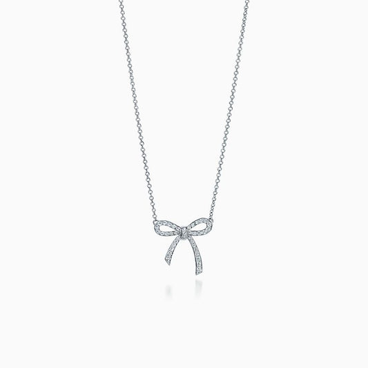Tiffany Ribbon Necklace Bow Pendant Cubic Zirconia Charm Chain