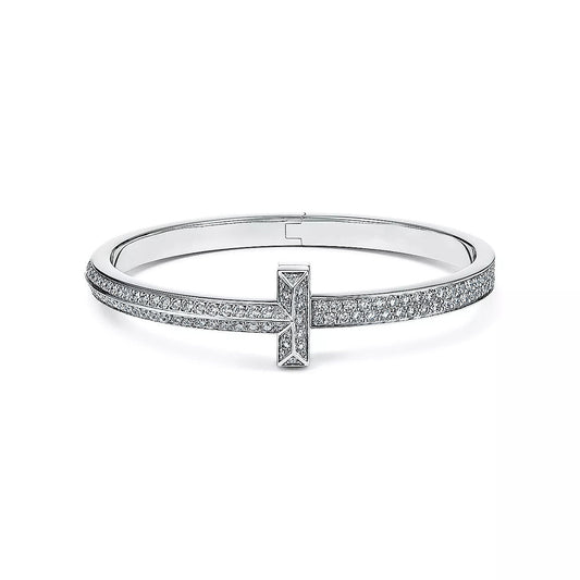 Tiffany Wide Cubic Zirconia Hinged Bangle Silver